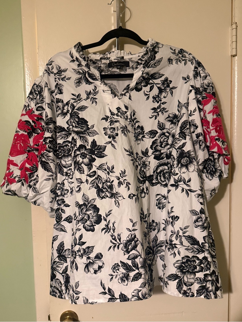 Caleesa White Floral Blouse with Pink Embroidered Sleeves